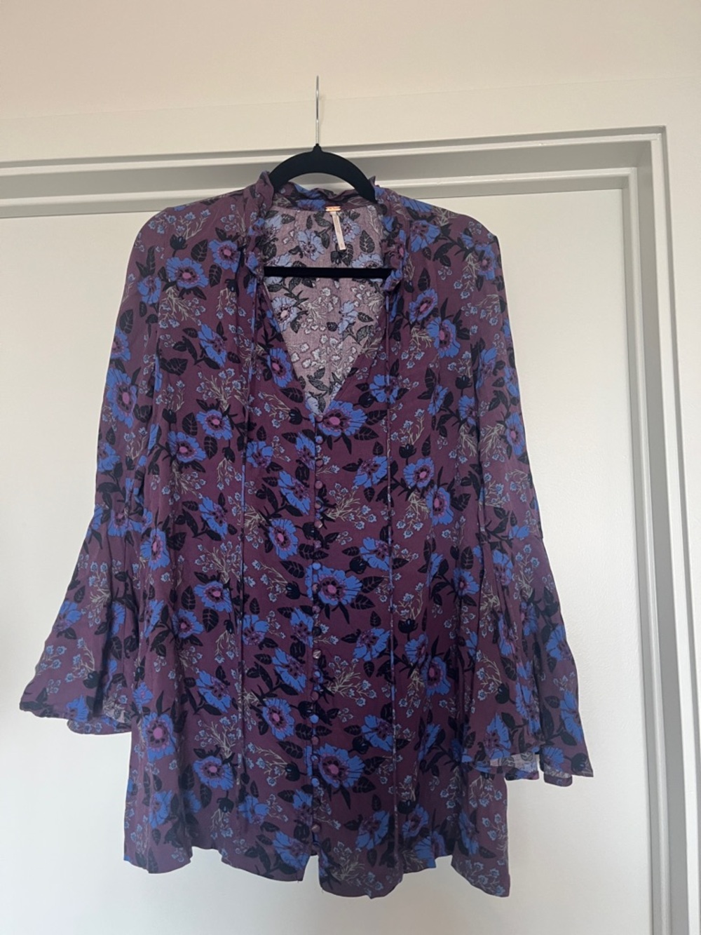Free People Purple Blouse with Blue Floral Print